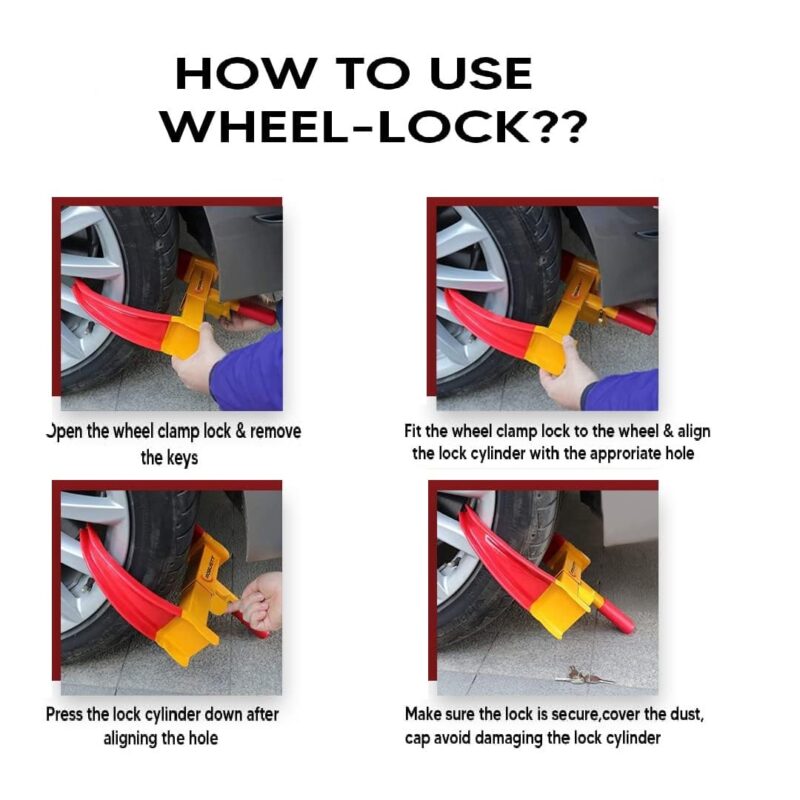 Heavy Duty Wheel Lock for Car | Adjustable Anti-Theft Tyre Clamp | Cold Rolled MS Steel | Red & Yellow Finish | 3 Keys | Pack of 1 - Image 4